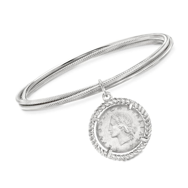 Triple-bangle sterling silver bracelet with round coin charm pendant