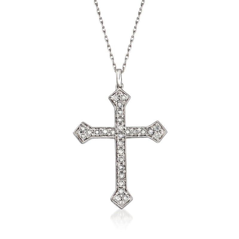 Sterling silver diamond cross pendant necklace, small pave cross with vertical center stone