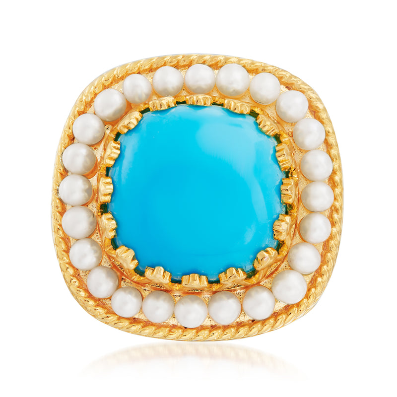 18kt gold over sterling ring with turquoise cabochon and round cultured pearls