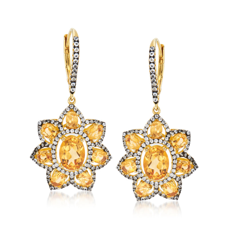 18kt gold over sterling flower drop earrings with citrine center stones and white topaz halos