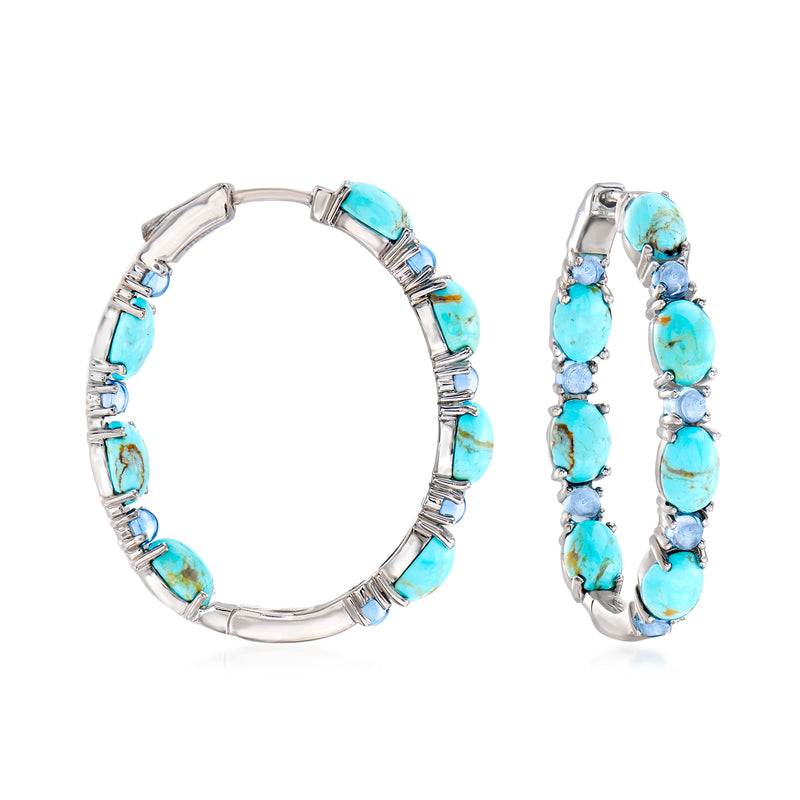 Sterling silver inside-out hoop earrings with oval turquoise blue stones