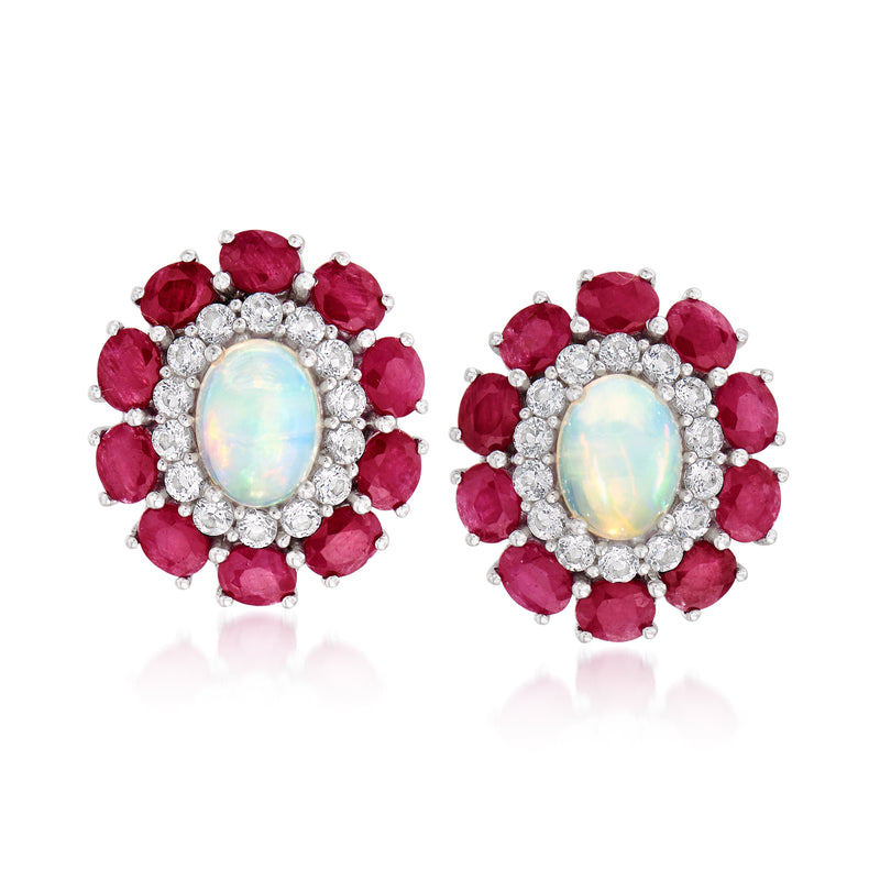 Sterling silver stud earrings with oval opal center and red gemstones halo, round crystals