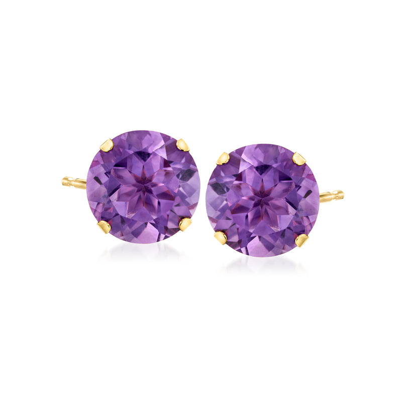 Amethyst stud earrings in 14kt yellow gold, round purple gemstones with prong settings