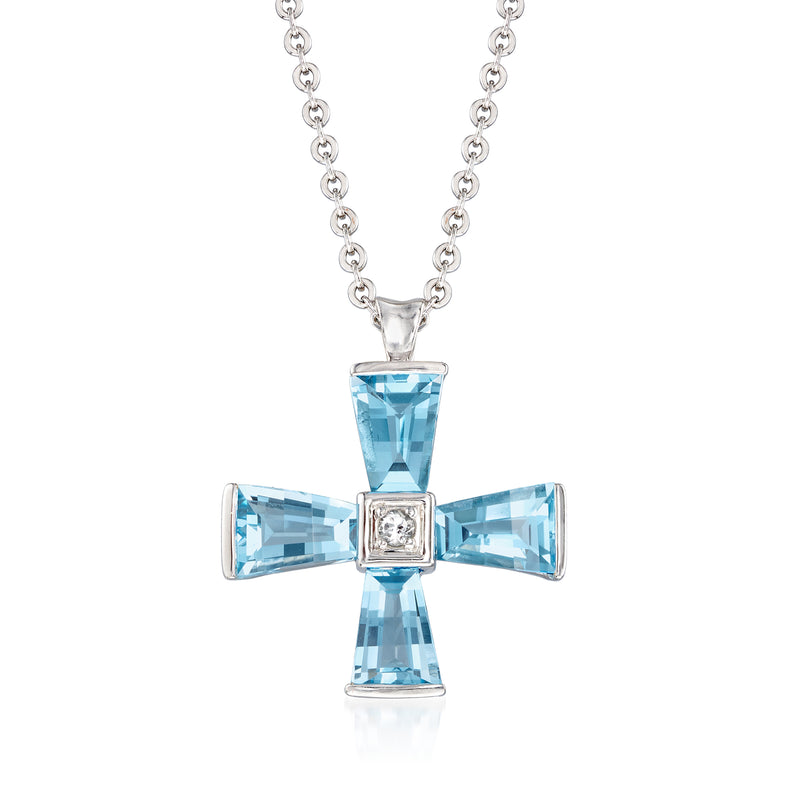 Sterling silver cross pendant necklace with sky blue topaz and white accent stones