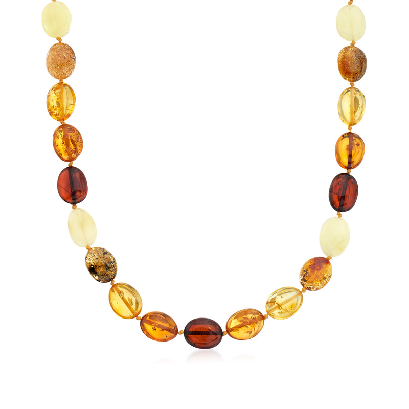 Multicolored amber bead necklace with round beads on sterling silver chain