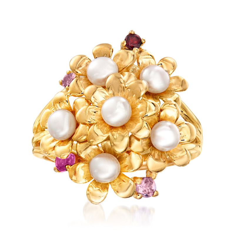 Gold over sterling flower ring with white pearls and purple gemstone accents