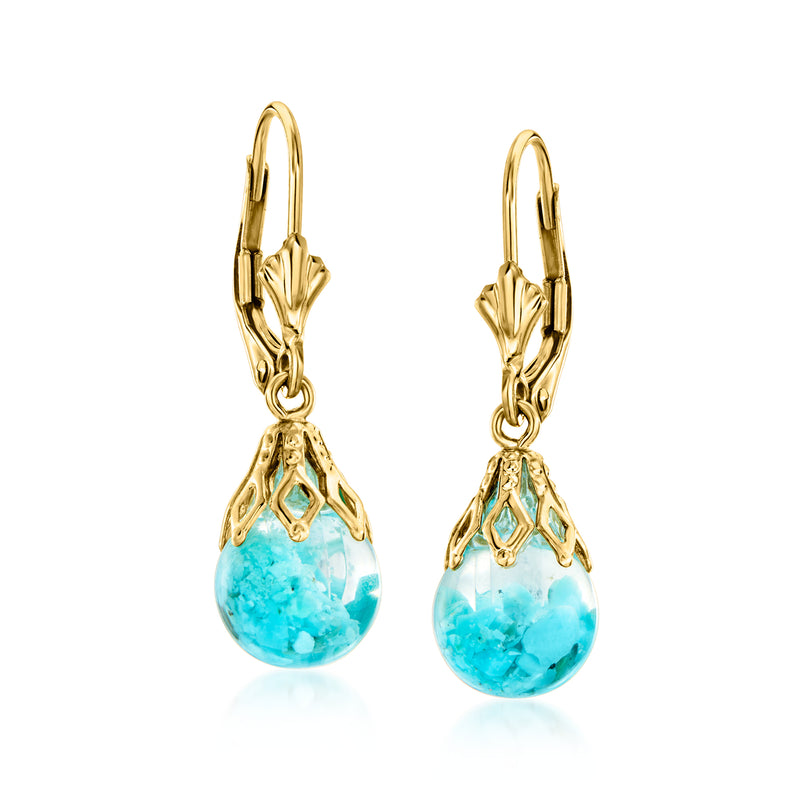 14kt yellow gold leverback drop earrings with turquoise teardrop gemstones
