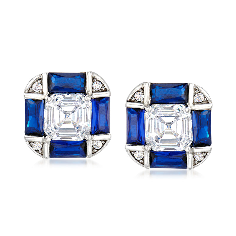 Sterling silver post earrings with square-cut blue simulated sapphire and clear CZ accents
