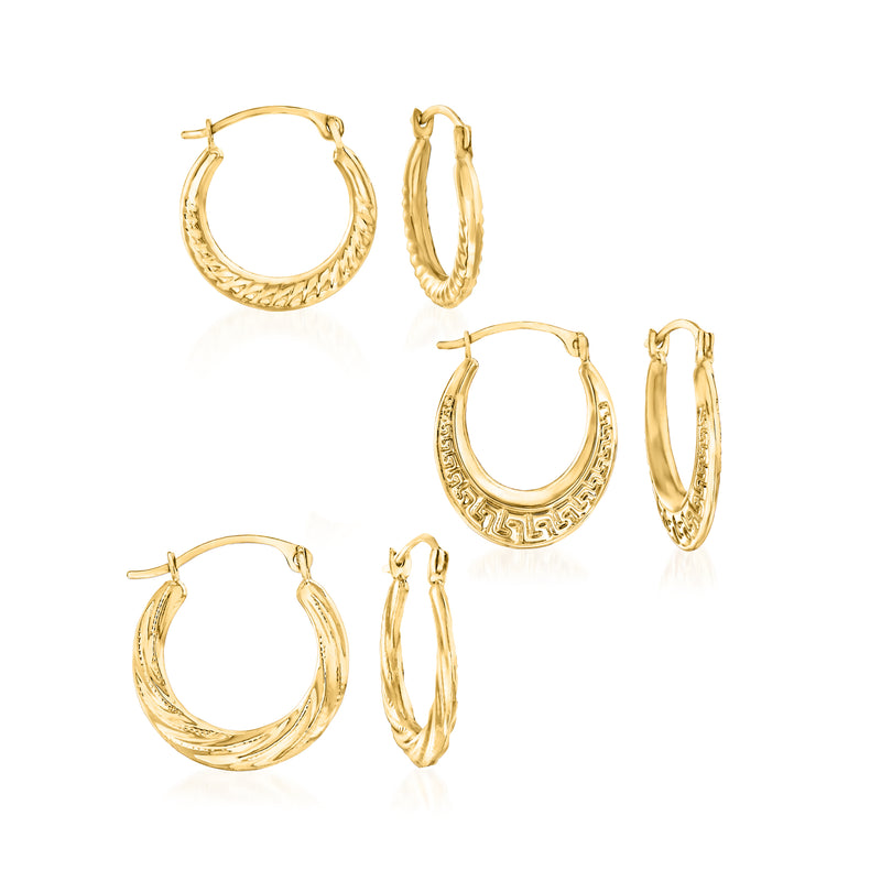 14kt yellow gold hoop earring set with three pairs, textured oval hoops