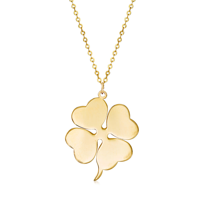 14kt yellow gold four-leaf clover pendant necklace with polished openwork design