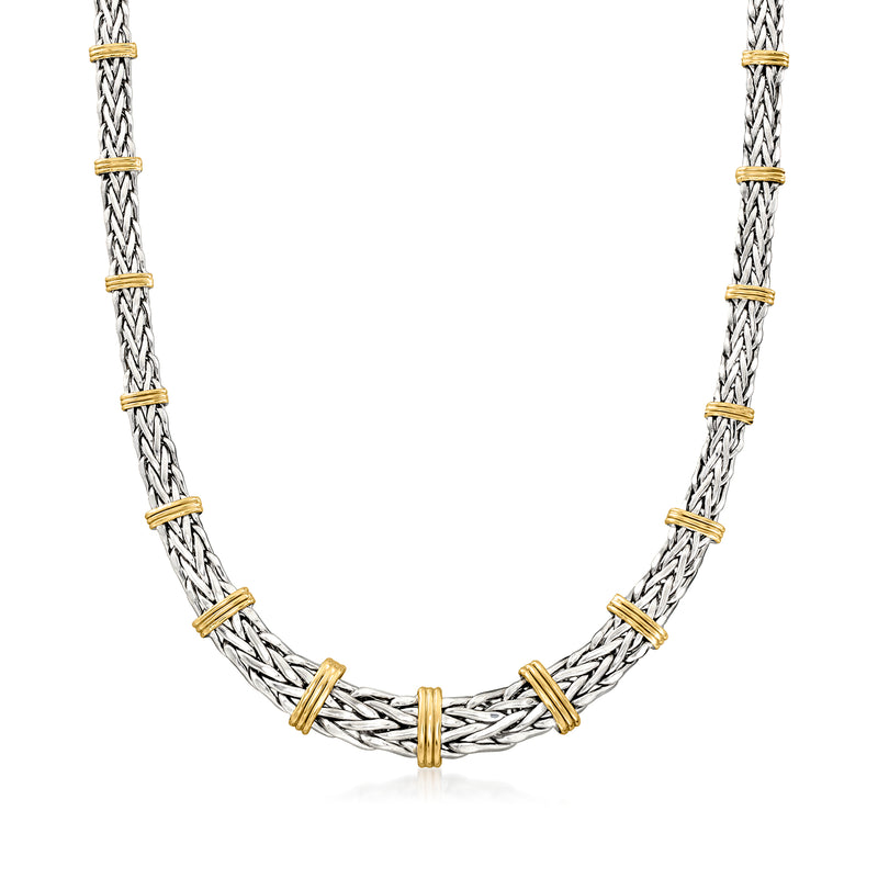 Graduated wheat-link necklace with interspersed 14kt yellow gold accents