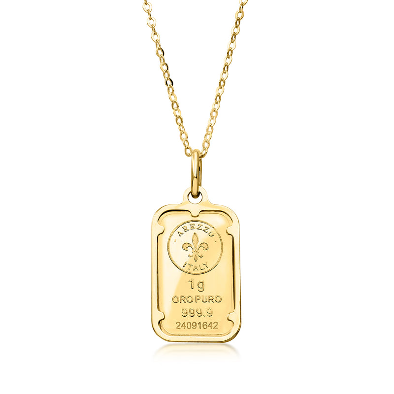 24kt yellow gold ingot pendant necklace with ornate fleur-de-lis design and gold frame