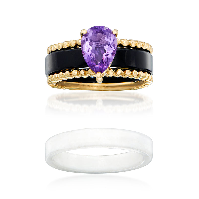 14kt yellow gold ring with pear-cut amethyst center and black band, bead detail