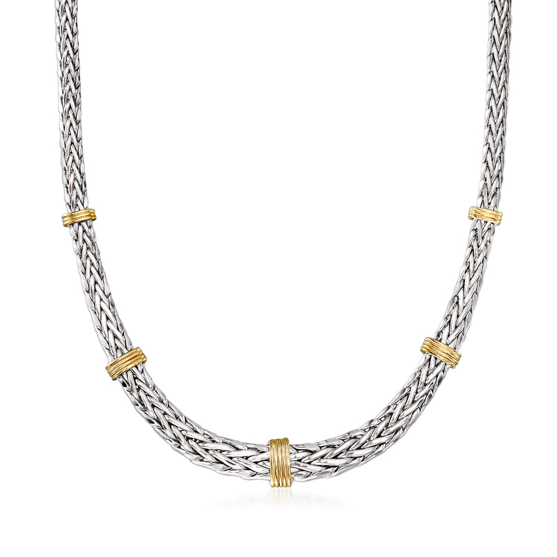 Wheat-link necklace with sterling silver cable and 14kt yellow gold accents