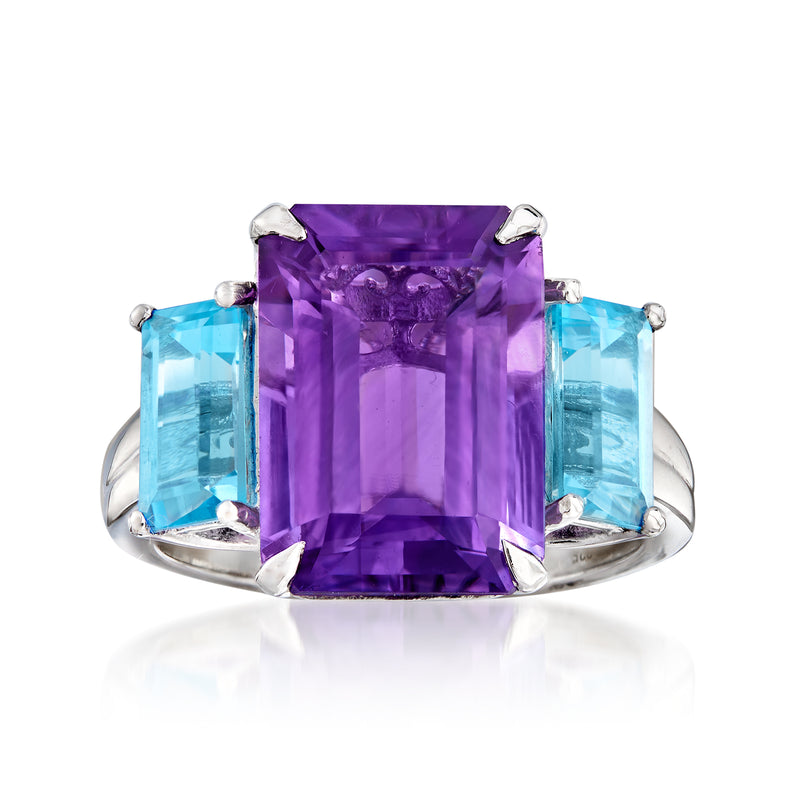 Sterling silver ring with amethyst center and Swiss blue topaz side stones