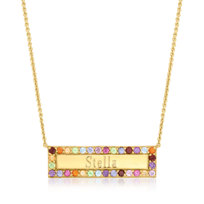 Gold over sterling name bar necklace with multicolor gemstones, Stella engraved