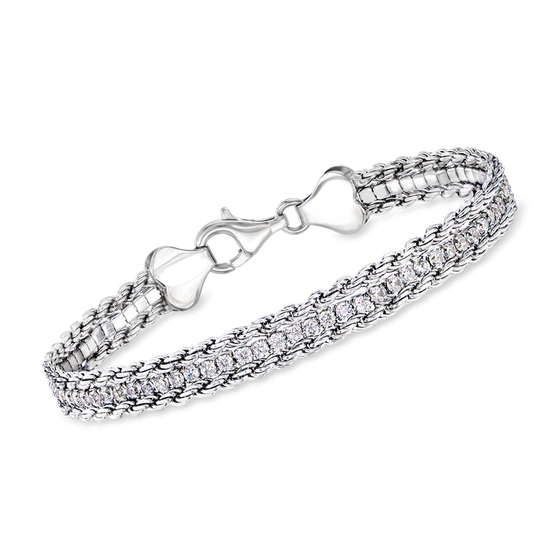 Sterling silver three-row rope-chain bracelet with clear CZ-style stones, toggle clasp