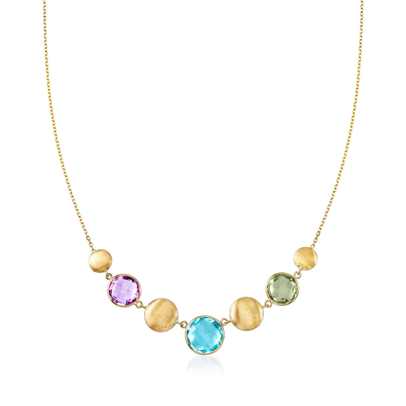 14kt yellow gold necklace with round multicolor gemstones and bead accents