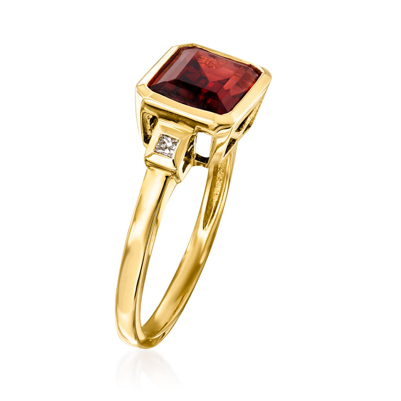 14kt yellow gold ring with red rectangular garnet, prong-set, side diamond