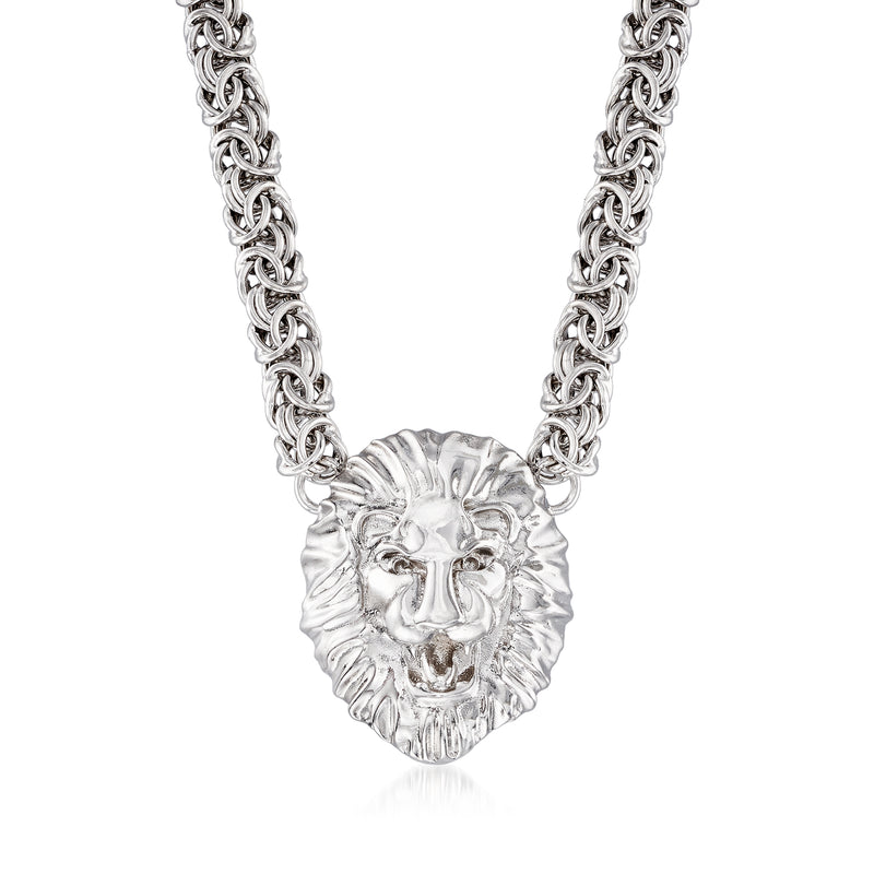 Sterling silver Byzantine chain necklace with lion head medallion pendant
