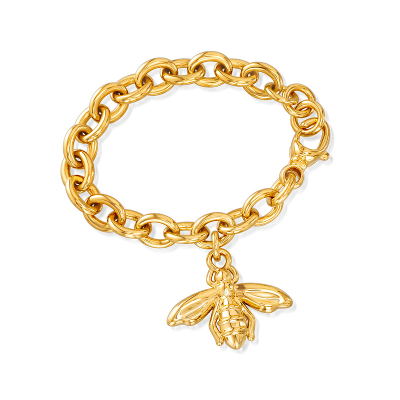 Yellow gold charm bracelet with curb-link chain and dangling bee pendant