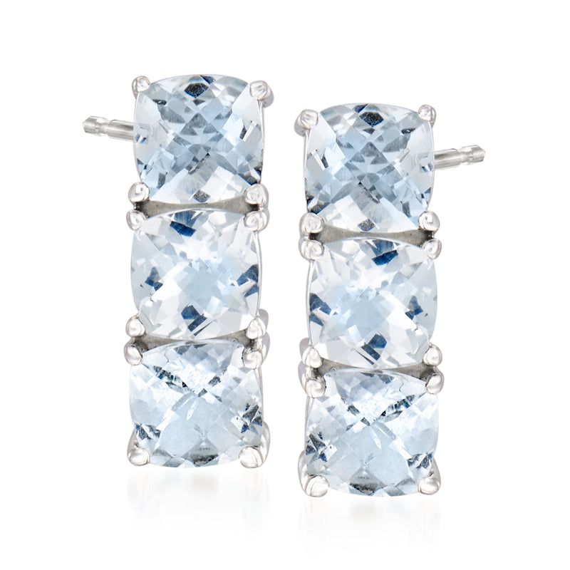 Sterling silver aquamarine three-stone post earrings with cushion-cut stones
