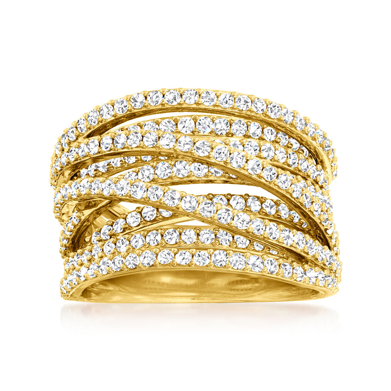 Gold diamond highway ring with stacked curved rows of round clear stones