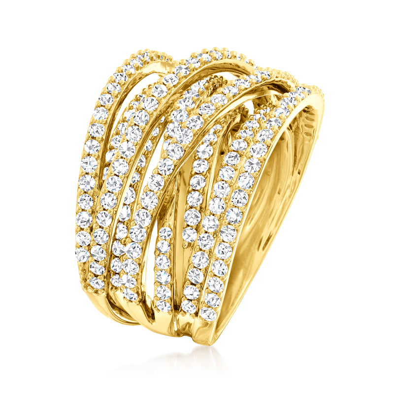 Gold diamond highway ring, side view, stacked rows of round clear stones