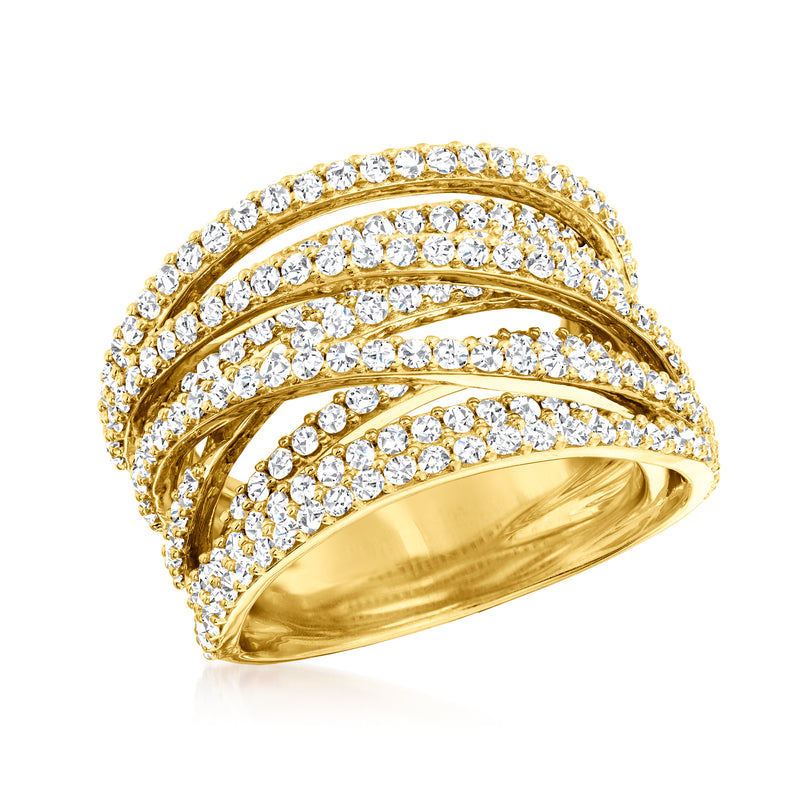 Gold diamond highway ring with three curved bands covered in round clear stones