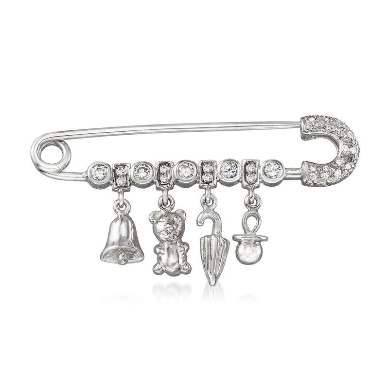 Diamond safety pin charm in 18kt white gold with five dangling mini charms