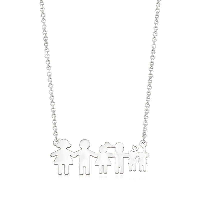 Sterling silver family charm necklace with five silhouette figures on a chain