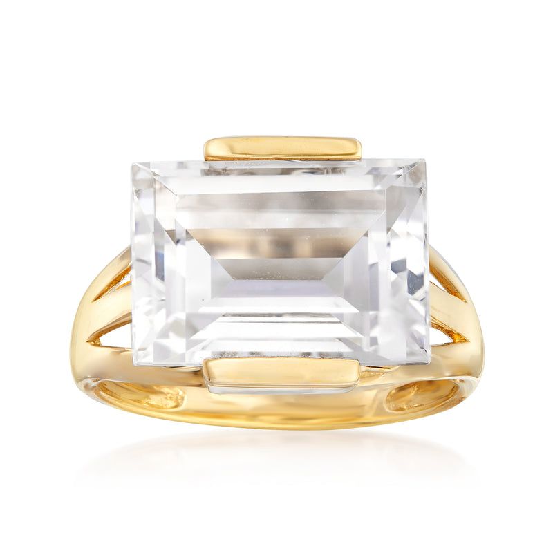 14kt yellow gold ring with large rectangular rock crystal center stone