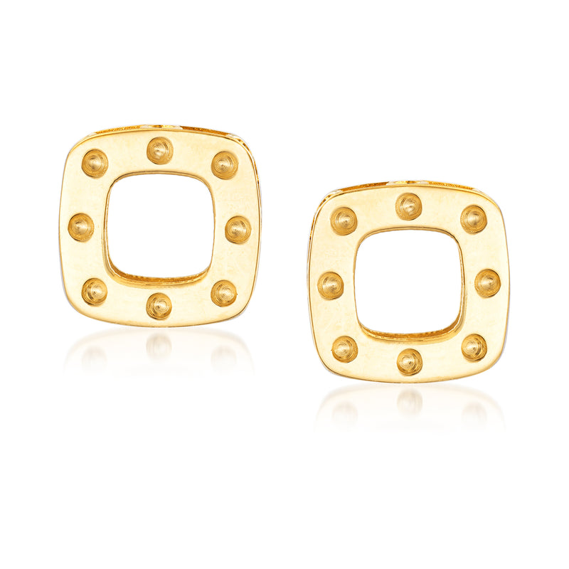 18kt yellow gold square stud earrings with raised dot border, post back