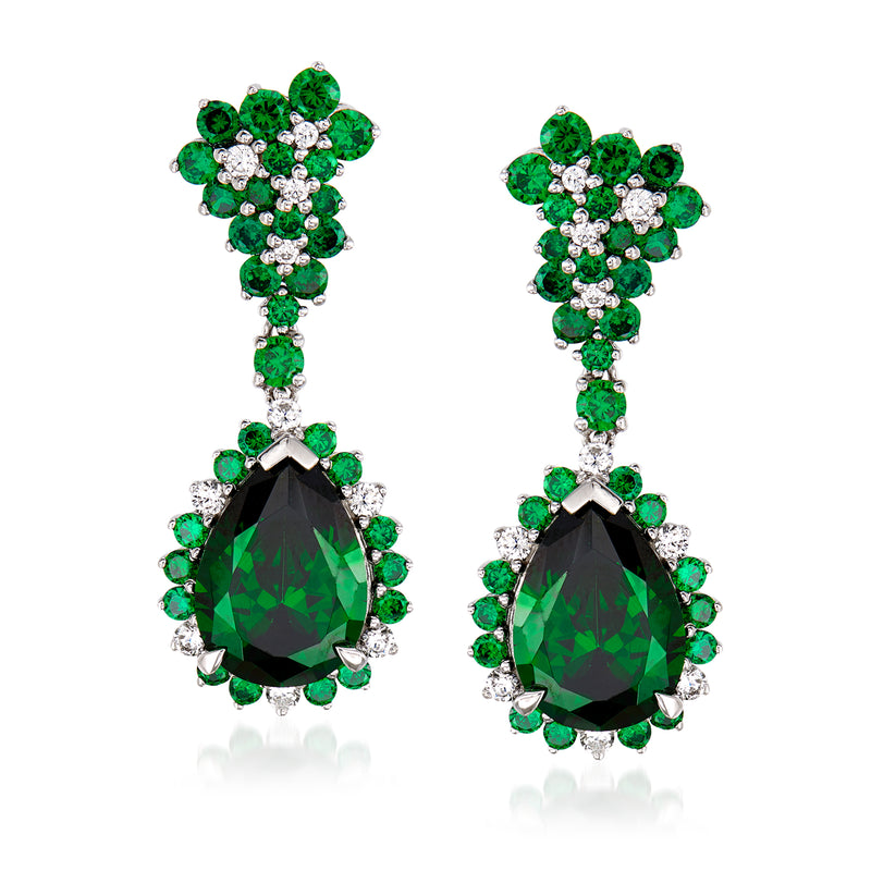 Sterling silver CZ drop earrings with green and white cluster studs and teardrop green stone