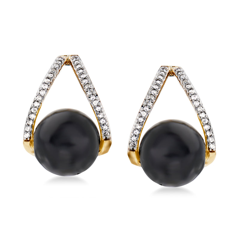Black onyx drop earrings with diamond halo and 14k yellow gold settings