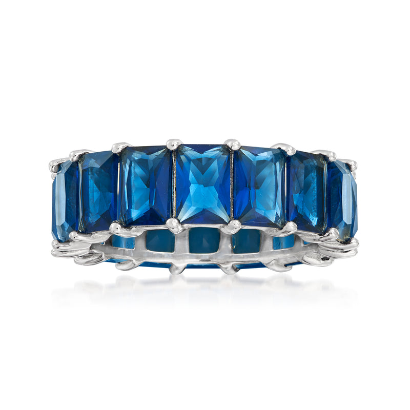Sterling silver eternity band with blue simulated sapphire-style square stones