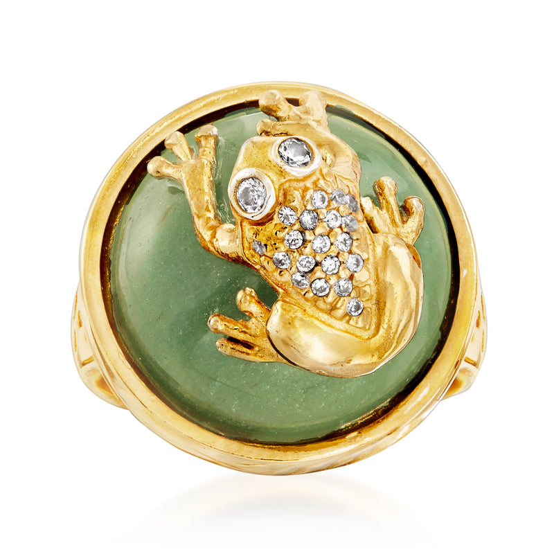 Gold-tone frog ring with green aventurine cabochon and clear CZ eyes