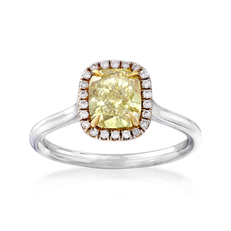 Two-tone gold diamond ring with yellow cushion center and white halo, split shank
