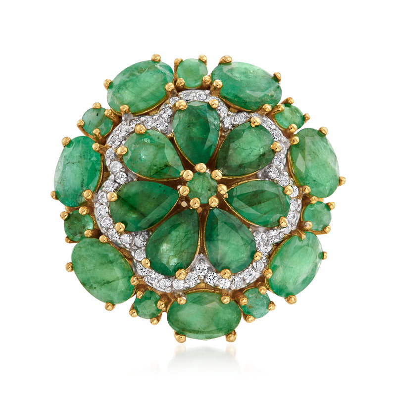 18kt gold floral ring with green emerald-cut gemstones and white zircon halo