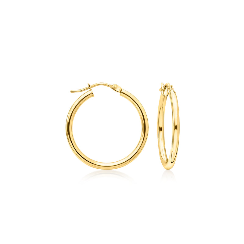 Yellow gold hoop earrings, round 18kt style, front and back view