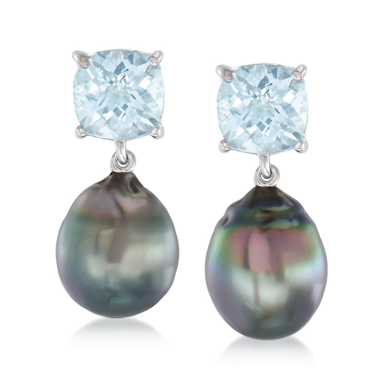 Aquamarine top and iridescent teardrop pearl drop earrings in sterling silver