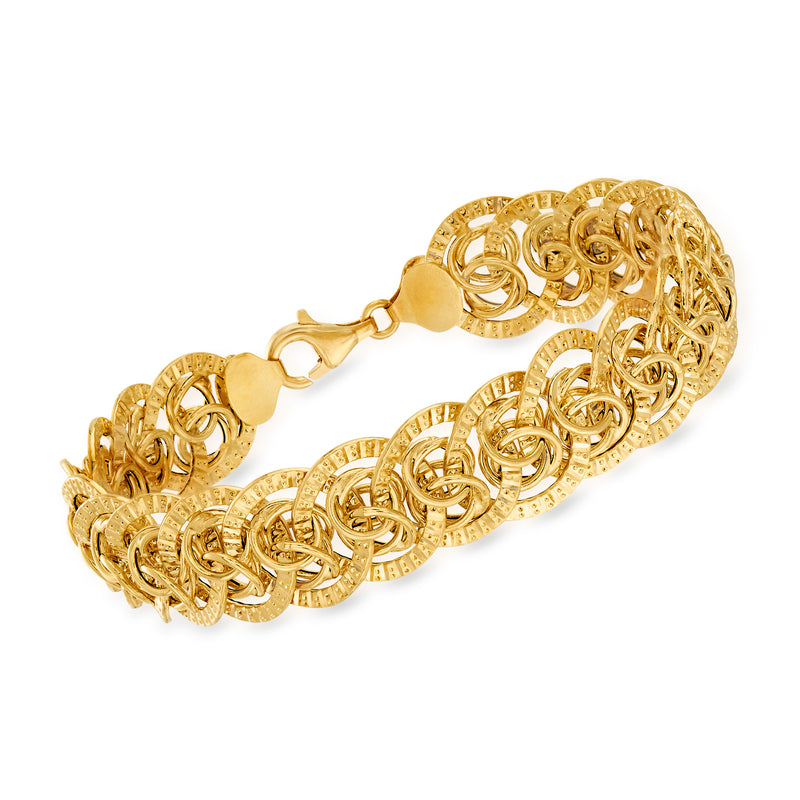14kt yellow gold interlocking-link bracelet with textured chain and clasp closure
