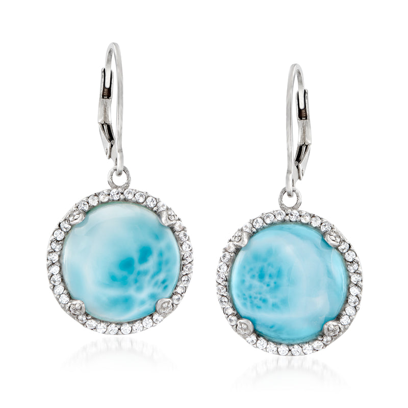 Sterling silver larimar drop earrings with round blue stone halos and leverback backs