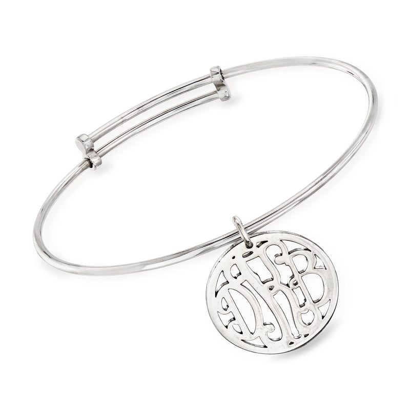 Sterling silver monogram bangle bracelet with round charm and engraved initials