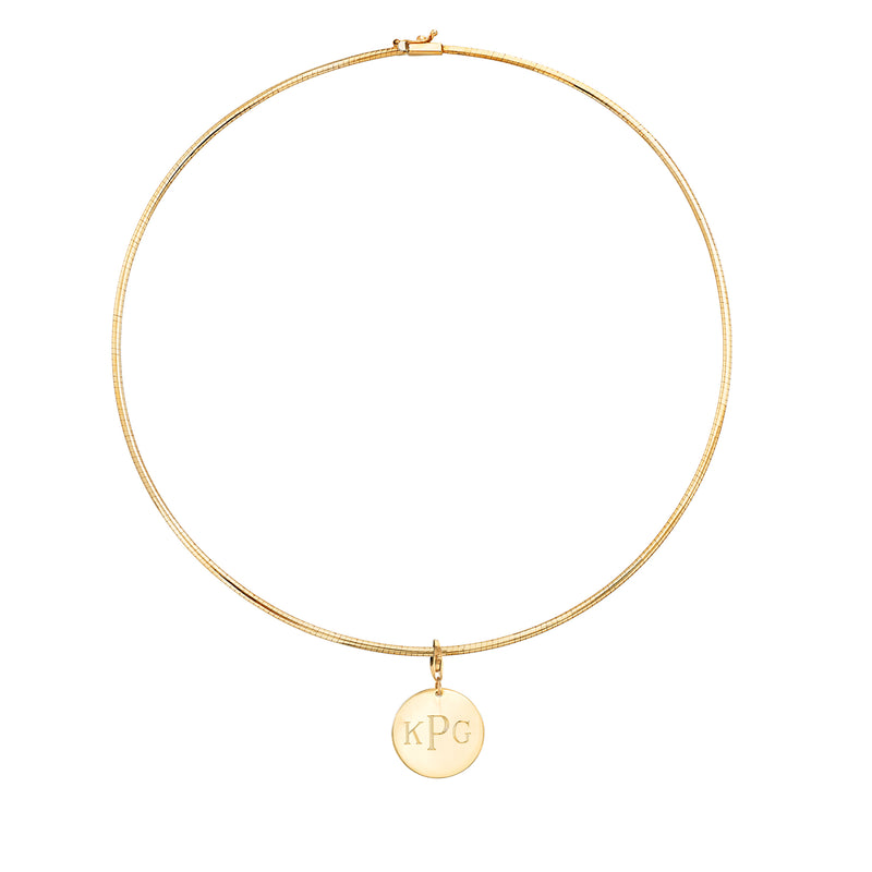 14kt yellow gold omega necklace with round monogram disc pendant (KPG)