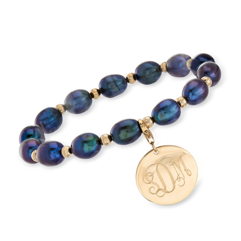 Dark blue cultured pearl stretch bracelet with 14kt yellow gold personalized disc charm