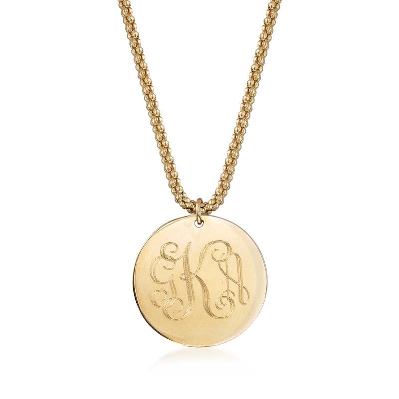 14kt yellow gold engravable disc charm necklace with engraved monogram pendant