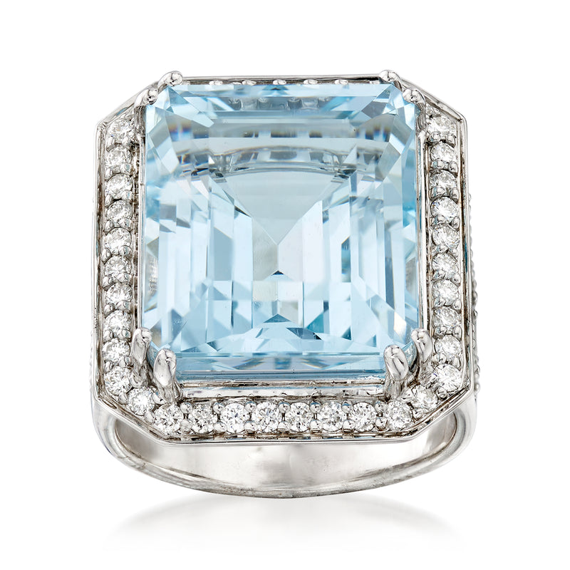 Aquamarine and diamond ring with large emerald-cut light-blue center in 14kt white gold