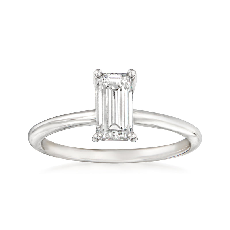 18kt white gold solitaire diamond ring with rectangular step-cut center stone