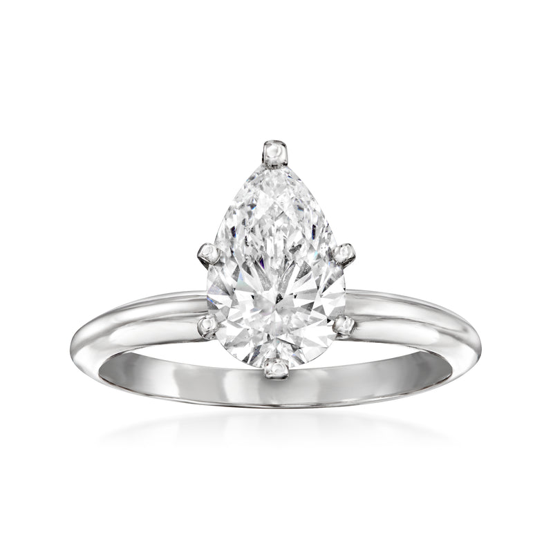 14kt white gold solitaire diamond ring with pear-shaped center stone, 4-prong set